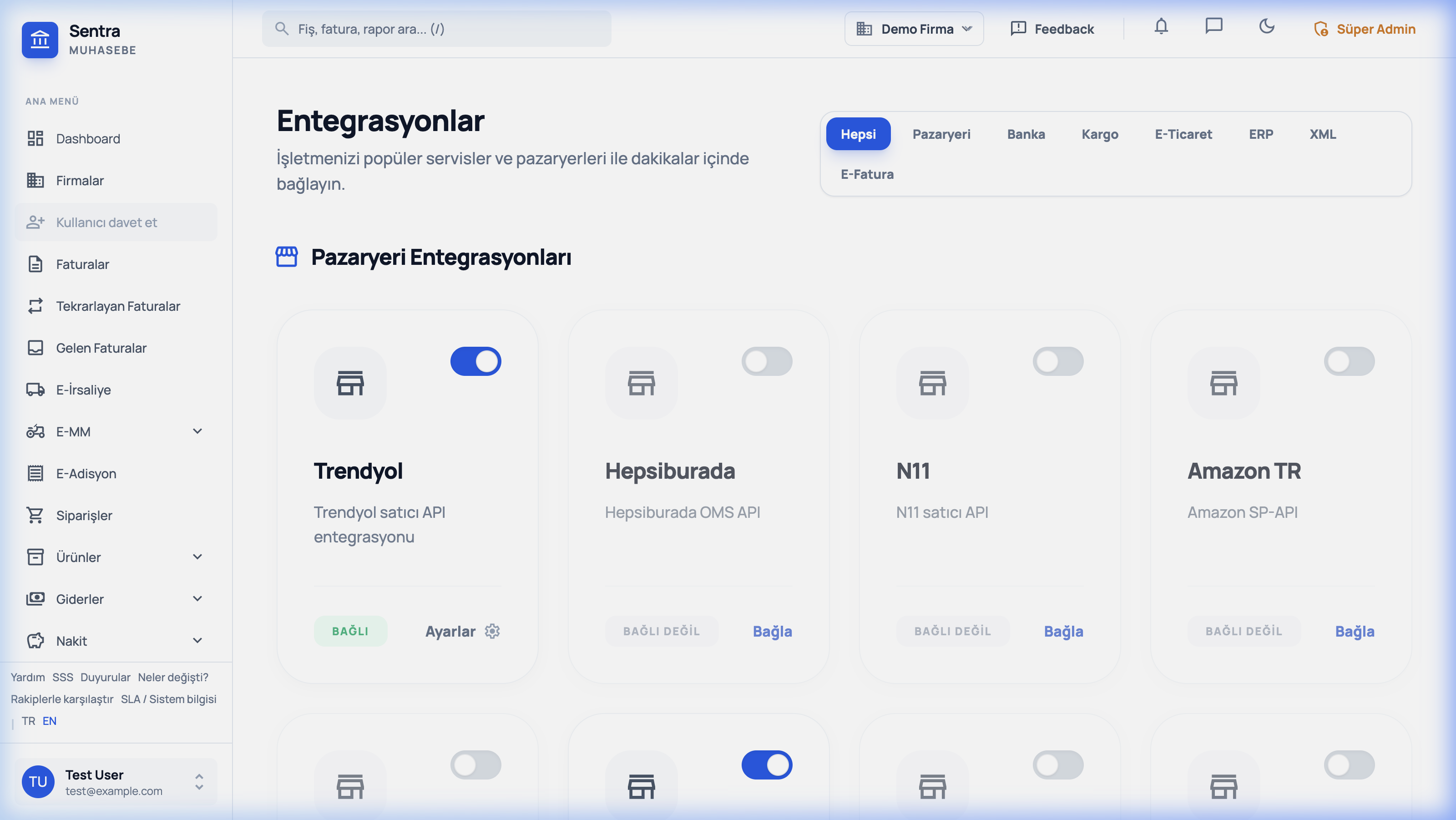 Entegrasyonlar Sayfası – Gerçek Ekran Görüntüsü